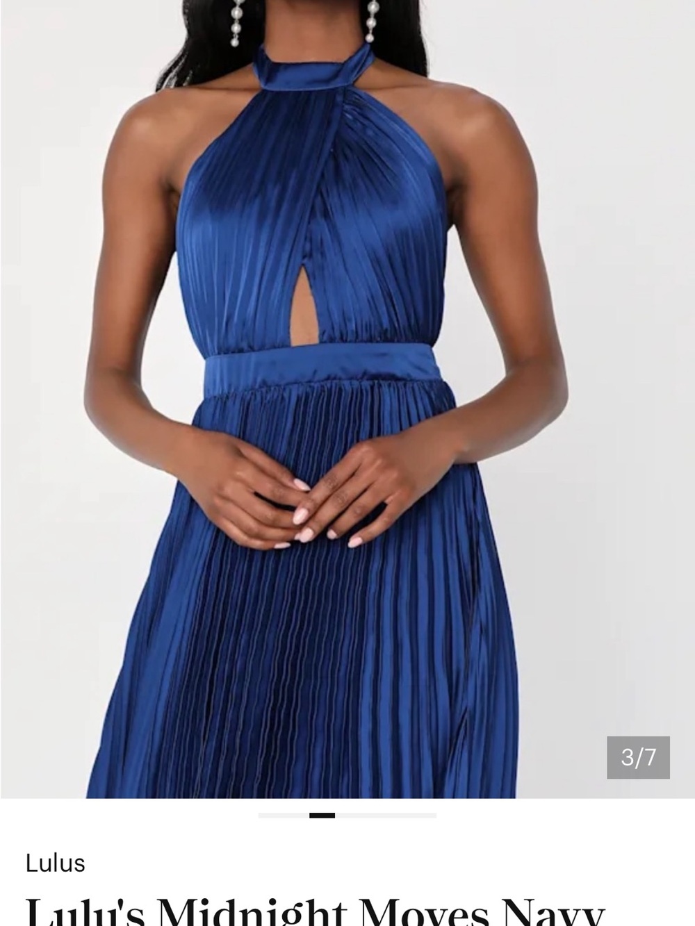 Lulu's Midnight Moves Navy Blue Pleated Satin Cutout Halter Maxi Dress Medium